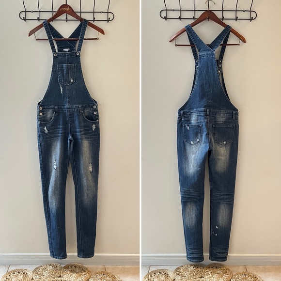 BONGO Skinny Distressed Overalls, Blue Denim, M - Picture 3 of 6